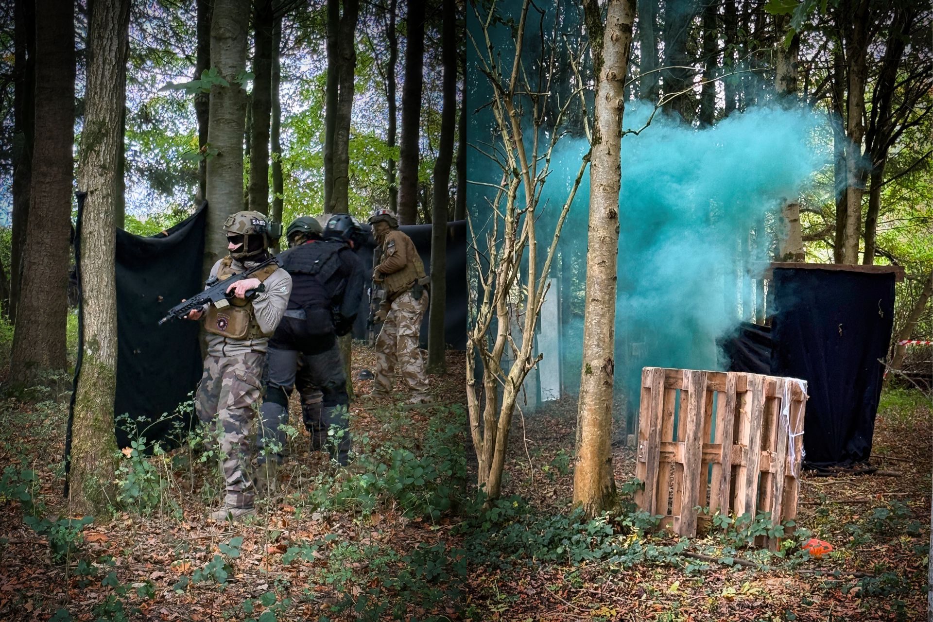 Joueurs d’airsoft en pleine action sur le terrain AGB, fumigène bleu dans la forêt